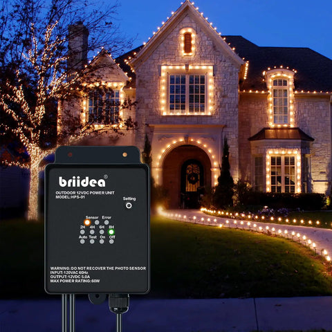 Outdoor Low Voltage Transformer 60W 120V AC to 12V DC for Landscape Lights with Countdown Timer and Photocell Sensor in use