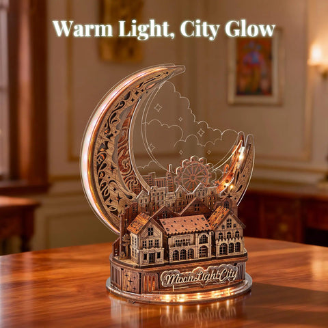 Moon City 3D DIY Puzzle With LED Light, wooden night city model glowing on a desk with a cozy brown finish, decorative sculpture