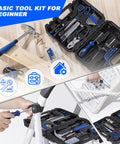 Front view of Prostormer 93-piece blue tool kit in an open plastic toolbox with screwdrivers and pliers.