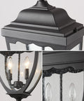 Close-up of black finish outdoor pendant light fixture for porch with seeded glass detail, highlighting farmhouse style.