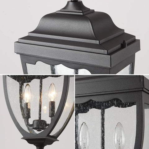 Close-up of black finish outdoor pendant light fixture for porch with seeded glass detail, highlighting farmhouse style.