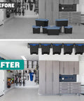 Before and after installation of Must Have Heavy Duty Ceiling Storage Rack For Garage, Overhead Bin System With Adjustable Height.