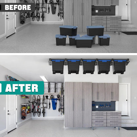 Before and after installation of Must Have Heavy Duty Ceiling Storage Rack For Garage, Overhead Bin System With Adjustable Height.