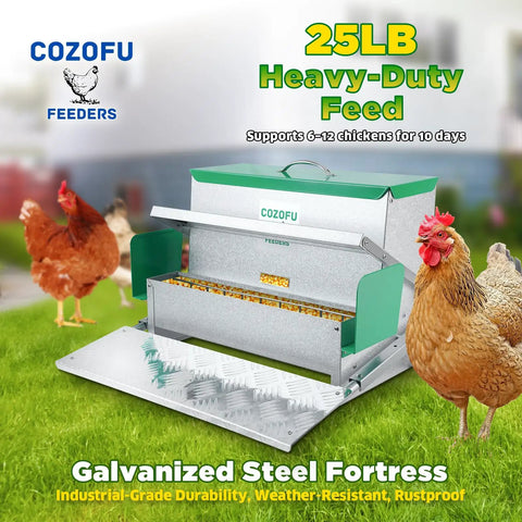 Backyard No Sweat Automatic Chicken Feeder With Forty Pound Capacity For Flocks Of Twelve Rat Proof Galvanized Steel with chickens.