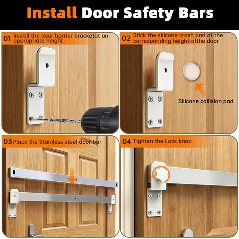 Installation steps for Heavy Duty Stainless Steel Door Security Bar Featuring Tough As Nails Anti Collision Design.