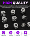 100 Piece Tough As Nails Cam Lock Furniture Connector Kit With Four Sizes showing zinc alloy nickel plated cam fittings.