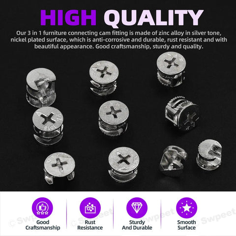 100 Piece Tough As Nails Cam Lock Furniture Connector Kit With Four Sizes showing zinc alloy nickel plated cam fittings.