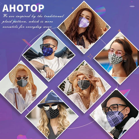Collage of adults wearing AHOTOP KN95 Face Masks 60 Pack Individually Wrapped, 5 Layer Filtration For Adults Men Women, with floral patterns.