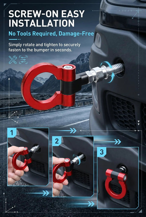 Heavy Duty Car Front Bumper Tow Hook Forged Steel Towing Pull Ring European Thread Screws On Mount Racing Style Recovery Hardware Quick Install Hella Sturdy To Hoist Your Whip Right Off The Road Red installed on bumper with step instructions.