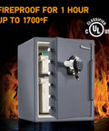 Fireproof And Waterproof Steel Home Safe With Digital Keypad Lock To Keep Your Stuff Safe For Documents And Valuables UL Classified One Hour At 1700F ETL Verified To Survive A 15 Foot Fall And 24 Hour Waterproof, shown open with six live bolts.