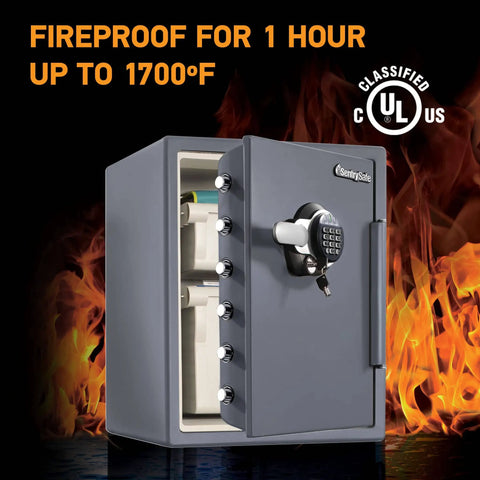 Fireproof And Waterproof Steel Home Safe With Digital Keypad Lock To Keep Your Stuff Safe For Documents And Valuables UL Classified One Hour At 1700F ETL Verified To Survive A 15 Foot Fall And 24 Hour Waterproof, shown open with six live bolts.