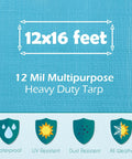 Heavy Duty Waterproof Tarp 12x16 Ft Thick 12 Mil with features like UV Resistant and Tear Proof, multipurpose blue tarp image.