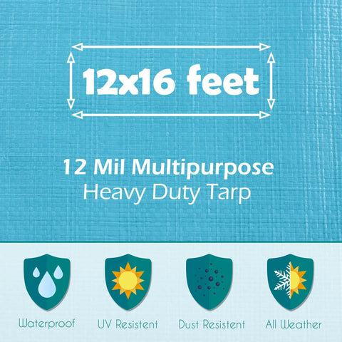 Heavy Duty Waterproof Tarp 12x16 Ft Thick 12 Mil with features like UV Resistant and Tear Proof, multipurpose blue tarp image.