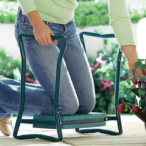 Person using Two In One Foldable Garden Kneeler And Seat With Cushioned EVA Foam For Back And Knee Relief, Heavy Duty Metal Frame