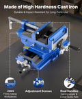 Cross Slide Drill Press Vise 4 Inch Jaw, 2 Axis X Y Bench Vise, cast iron with anti-slip jaws and adjustment screws visible