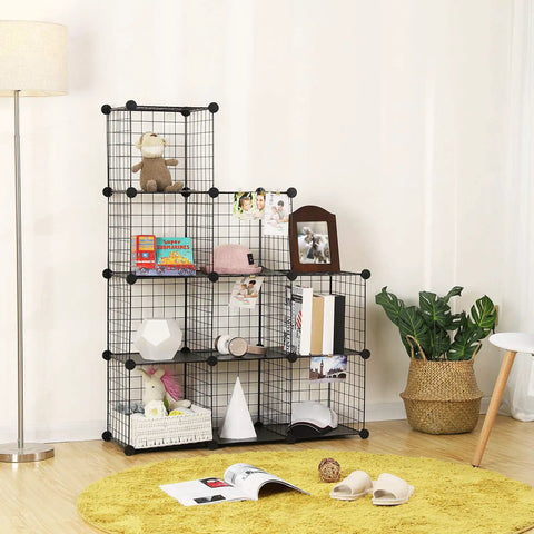 Heavy Duty Nine Cube Metal Wire Storage Shelf, Slick Modular Organizer Rack For Master Bedroom Or Living Area, Stackable DIY Closet Cabinet In Super Tough Matte Black Finish