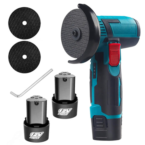 Cordless Mini Angle Grinder Set 12V 3 Inch Power Cutter with dual batteries, two cutting wheels, shown with accessories.