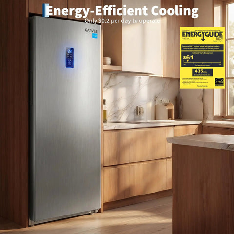 Huge 17 Cu Ft Upright Convertible Freezer And Fridge Hybrid With Four Chill Modes shown in a modern kitchen with digital controls.