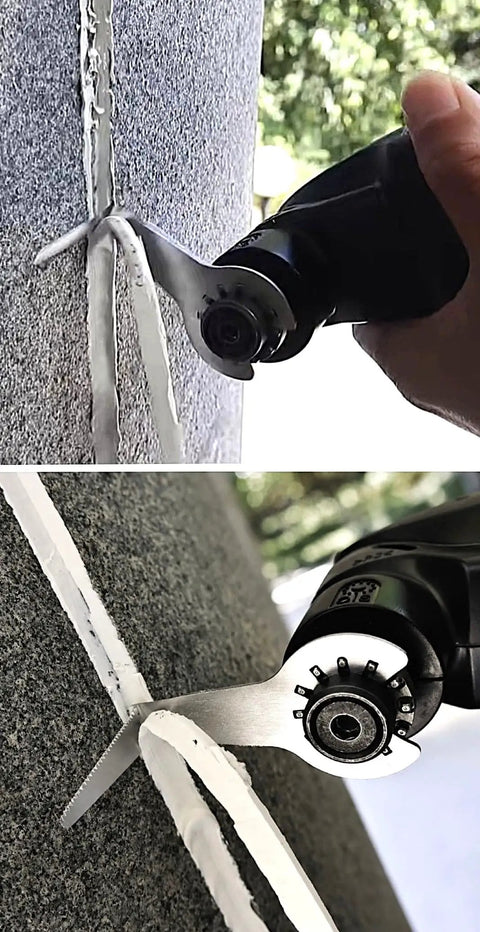 5-Pack 1 Inch Serrated Caulk Removal Blades For Oscillating Multitool removing caulk from a tiled wall