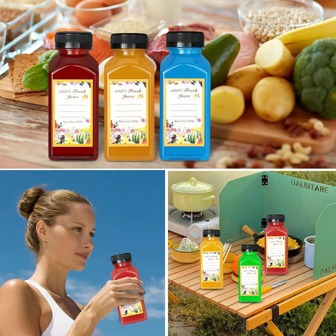Collage of 30 Pack 8oz Clear Plastic Bottles With Leak Proof Caps used for smoothies and juice storage.