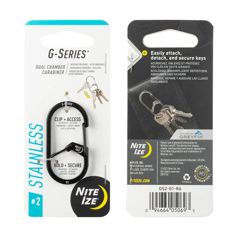 G Series Dual Chamber Carabiner Size 2 1 Pack Black For Keys with packaging showing secure gate and stainless steel design