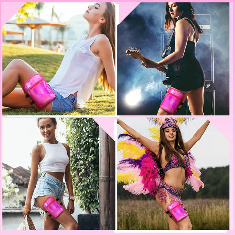 Women wearing Holographic Thigh Bag With Adjustable Strap Leg Pouch Harness For Women Pink Leg Bag For Travel Hiking Festivals