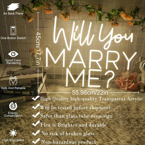 Will You Marry Me Neon Sign LED Proposal Light With Acrylic Backboard displayed on wall with decorative flowers
