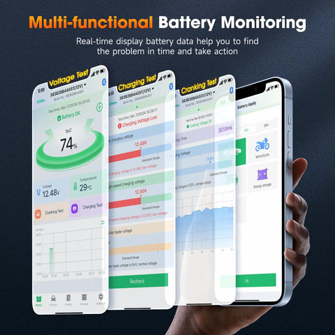 Universal Bluetooth Battery Monitor For 6V 12V 24V displays real-time battery data on a smartphone for instant checks.