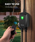 Hand using remote for Wireless Outdoor Outlet With Remote Control, Weatherproof Plug In Light Switch, 15 Amp, 100 Ft Range