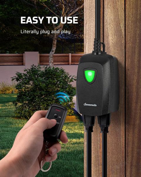 Hand using remote for Wireless Outdoor Outlet With Remote Control, Weatherproof Plug In Light Switch, 15 Amp, 100 Ft Range