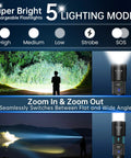 Rechargeable LED Flashlights 2 Pack With 5 Modes And Zoomable Beam LCD Battery Level Display USB Rechargeable Handheld Torches infographic