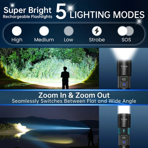 Rechargeable LED Flashlights 2 Pack With 5 Modes And Zoomable Beam LCD Battery Level Display USB Rechargeable Handheld Torches infographic