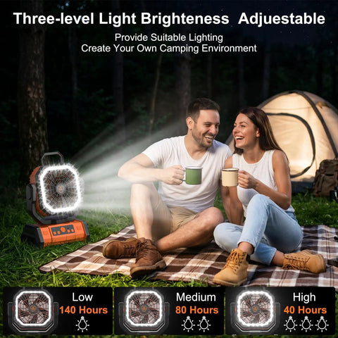 Couple camping with Cordless Camping Fan With 20000mAh Battery, LED Light, Remote, And USB Powerbank, on blanket