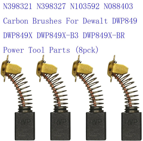 8 Pack Carbon Brushes For DWP849 Rotary Polisher Type 1 Replacement Kit For DWP849X DWP849XB3 DWP849XBR Models 7 To 9 Inch Polishers N398321 N398327 N103592 N088403, four brushes shown