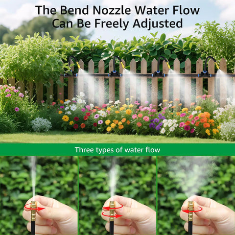 100 Ft One Quarter Inch Drip Irrigation System Kit With 16 Adjustable Copper Nozzles misting flowers in a garden