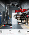 3 Ton Portable Gantry Crane With 6600 Lbs Load Capacity lifting pipes in a warehouse, steel frame, adjustable height.