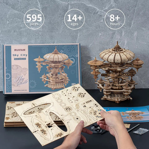 3D Wooden Puzzle Kit for Adults With SkyCity Cityscape, 600 Plus Pieces, Mind Blowing Mechanical DIY Craft That Doubles as a Music Box, Perfect STEM Toy Gift for Puzzle Fans and All Occasions, 595 pieces