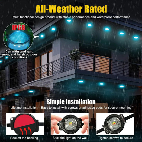 150 Ft 2-In-1 Eaves And Ground LED String Lights With App And Remote Control, shown installed under house eaves in rain