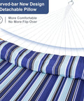 Close-up of 12 Ft Outdoor Hammock With Stand For Two, Freestanding Yard Lounger with curved spreader bars and blue stripes.