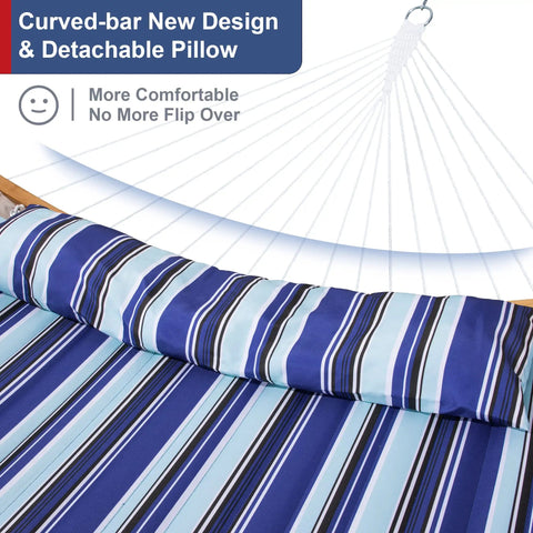 Close-up of 12 Ft Outdoor Hammock With Stand For Two, Freestanding Yard Lounger with curved spreader bars and blue stripes.