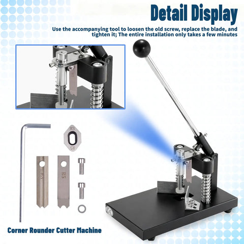 R3 And R5 Corner Rounder Blade Set For Manual Corner Rounder Cutter Machine with tools and assembly instructions visible