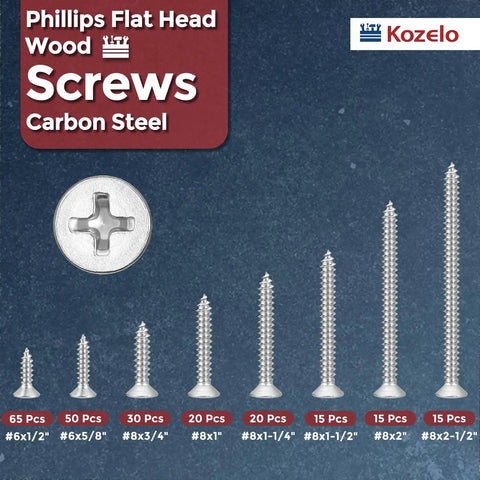 225 Piece Wood Screws Set With Phillips Flat Head Countersunk Self Tapping For Wood Sizes Six And Eight Half Inch To Two And A Half Inch Carbon Steel Black Finish Heavy Duty Kit For Carpentry Furniture And Deck Projects arranged on blue background