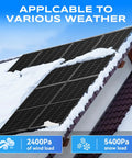 Dual Glass Bifacial 100W Solar Panel Kit on snowy roof, showcasing snow and wind load capacity for various weather conditions.