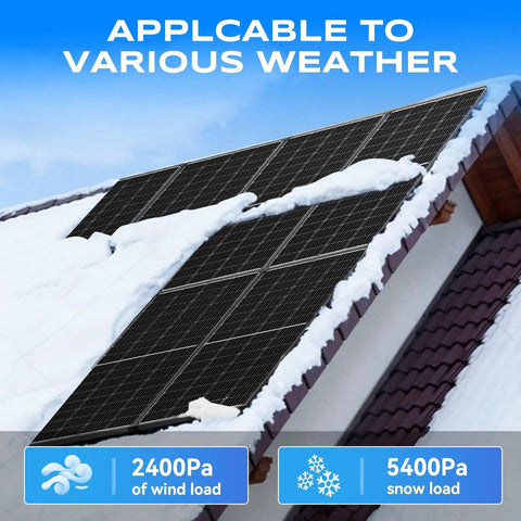 Dual Glass Bifacial 100W Solar Panel Kit on snowy roof, showcasing snow and wind load capacity for various weather conditions.