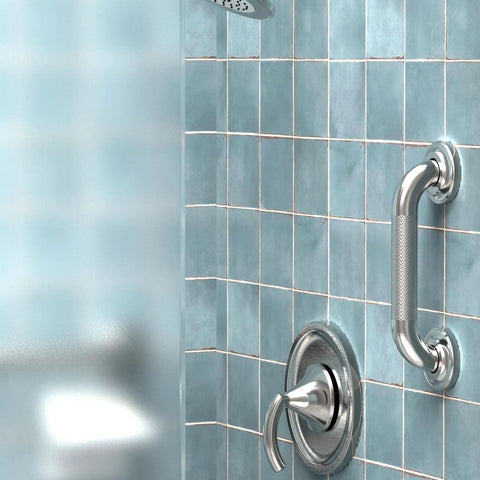 Heavy Duty 1-1/4 Inch Knurled Bath Grab Bar, ADA Compliant Shower Handrail, wall mount on blue tiled bathroom wall.