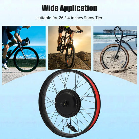 Image showing Powerful 1500W Front Wheel Hub Motor Conversion Kit for 26 by 4 Inch E Bikes, suitable for various terrains.
