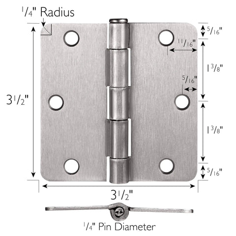 Heavy Duty Satin Nickel Interior Door Hinges 2 Pack Steel Construction With Slick Radius Corners For Hassle Free Residential Doors, detailed measurements included.