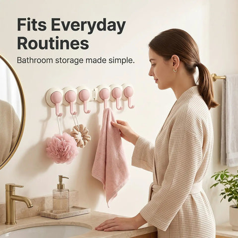 Game Changer Adhesive Corner Hooks With Smooth 180 Degree Rotation Foldable Rack on bathroom wall holding towels and loofahs.