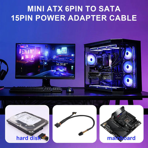 Mini ATX 6 Pin To SATA 15 Pin Power Conversion Cable 45cm And 15cm For SATA HDD SSD And Optical Drive Expansion Compatible With CT1250 ECT1205 ECT1250 QCT1250 QCS1250 Cases, black braided cable
