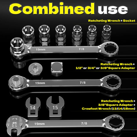 Serpentine Belt Tool Kit With Ratcheting Wrench, Sockets, Crowfoot Wrenches And Adapters displayed on black background